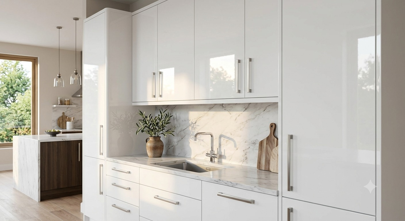 High gloss thermo laminate applied to kitchen cabinets